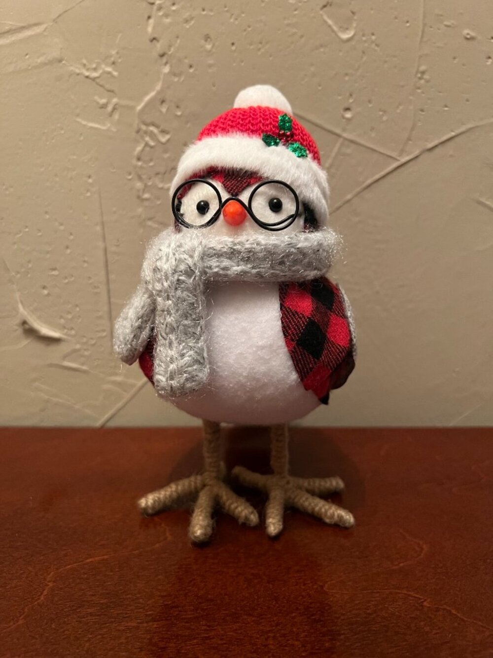 Christmas Bird Figurine Red Black Buffalo Plaid Glasses Santa Hat Winter Decor